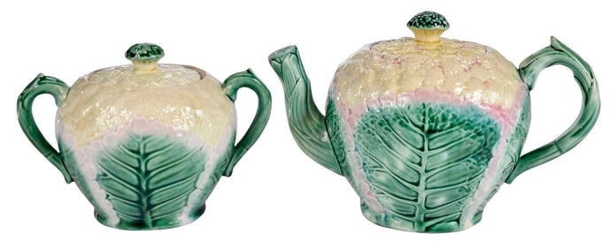 Griffen, Smith & Co. Majolica Cauliflower Teapot and Sugar Bowl
