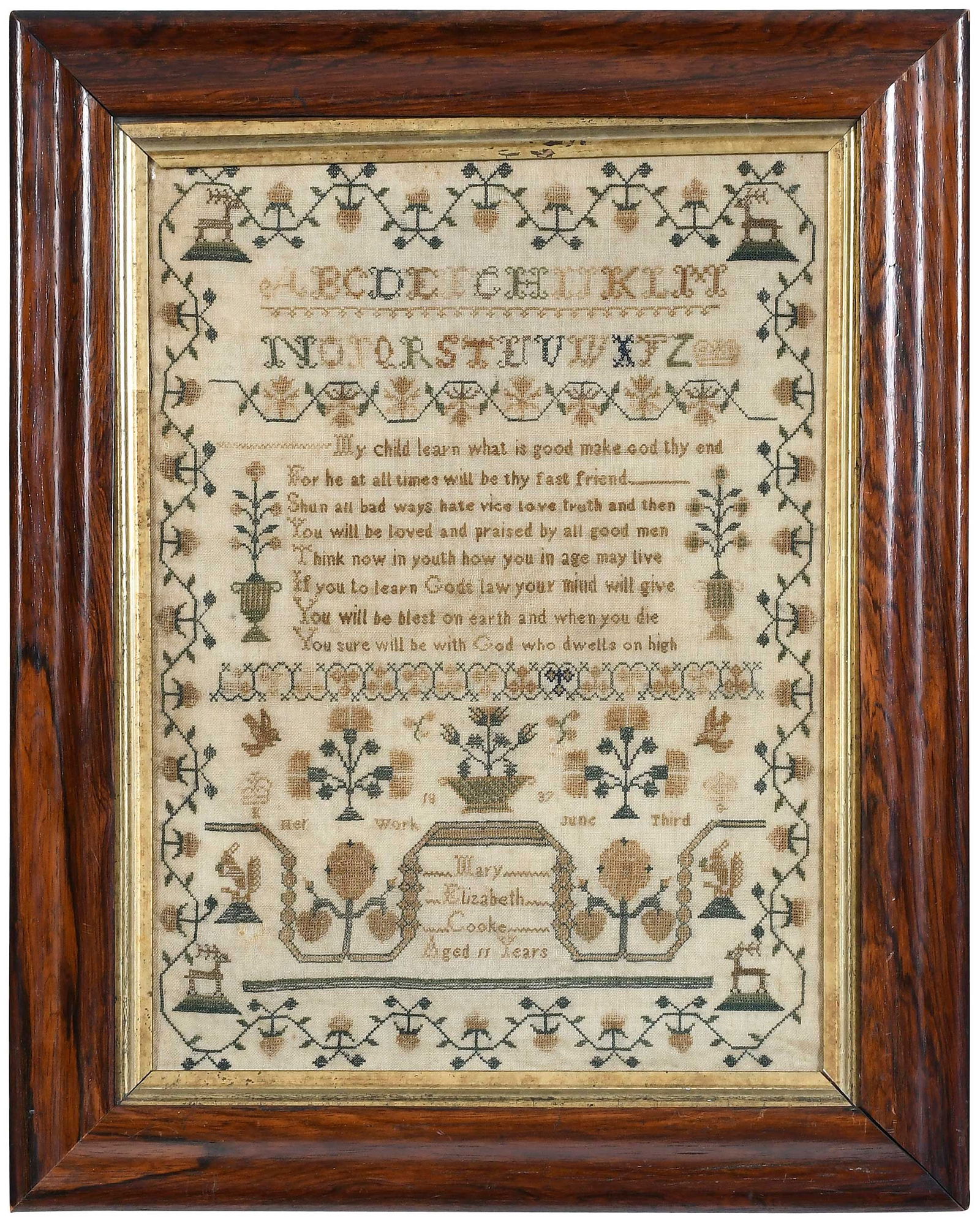 Framed English Schoolgirl Needlework Sampler, Mary Elizabeth Cooke (1 of 11)