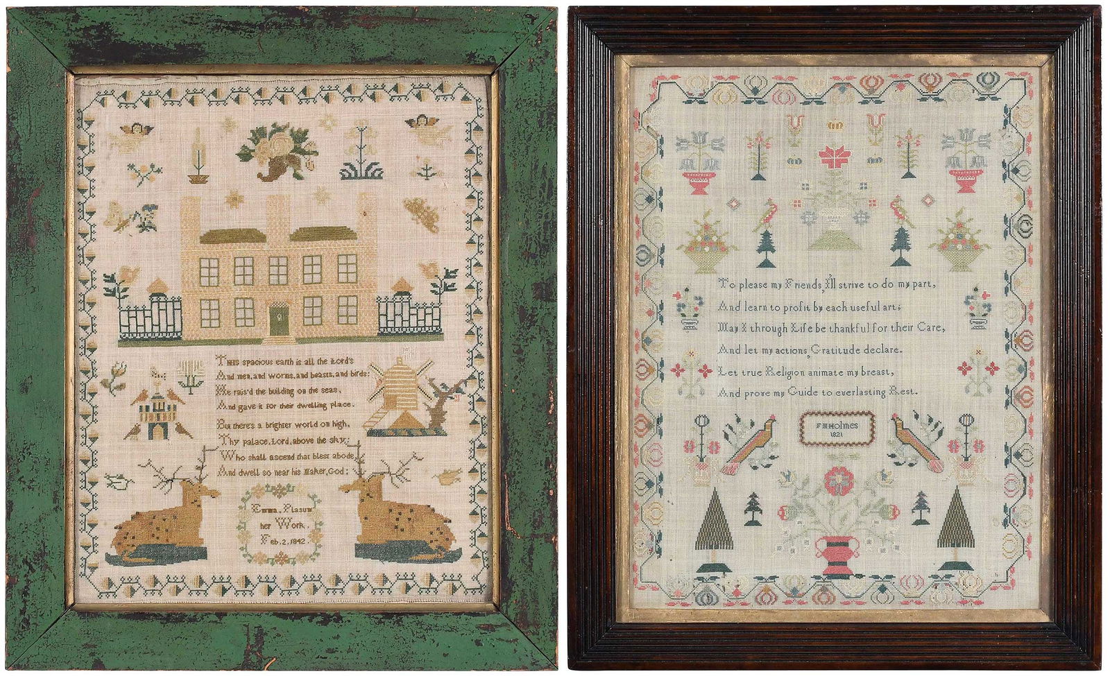 Two Framed English Schoolgirl Needlework Samplers: Two pictorial and verse samplers, one signed and dated "Emma Plasum/her Work/Feb. 2, 1842", one "F Holmes/1821", silk on linen, larger sight 16-1/2 x 13-1/4 in.; wood frames,