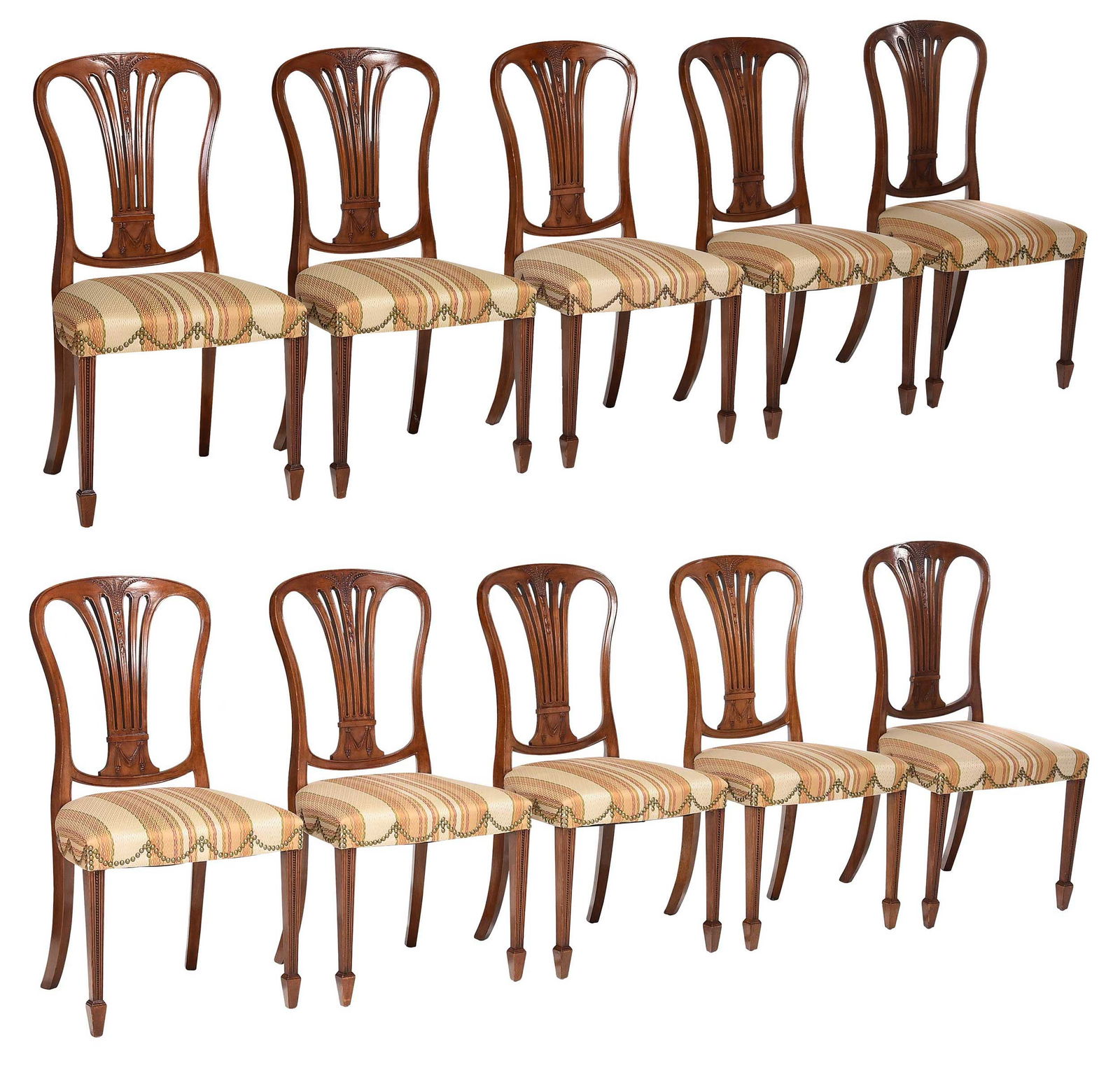 Set of 10 Hepplewhite Style Carved and Upholstered Mahogany Dining Chairs (1 of 20)