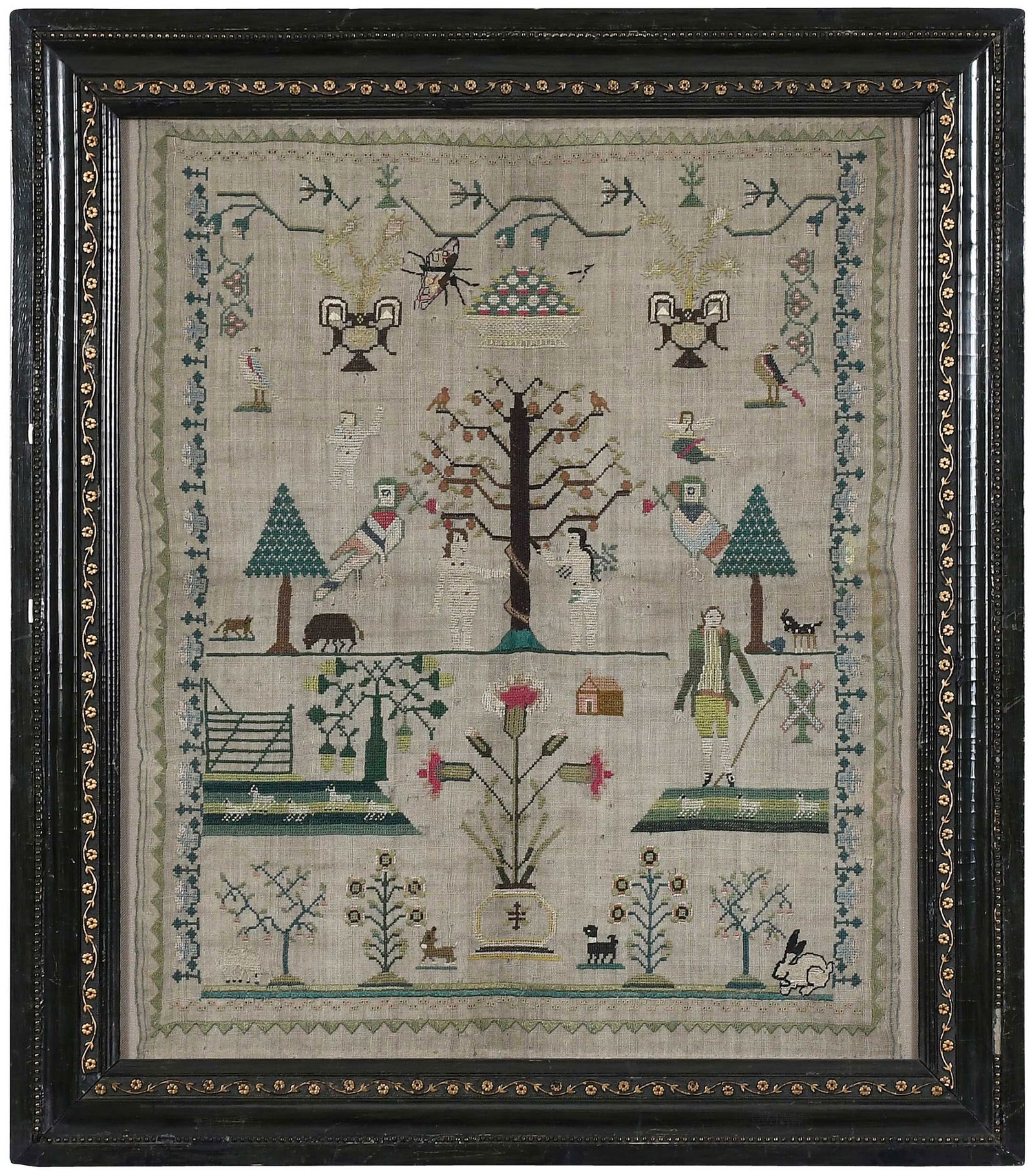 Framed 19th Century Adam and Eve Pictorial Needlework (1 of 11)