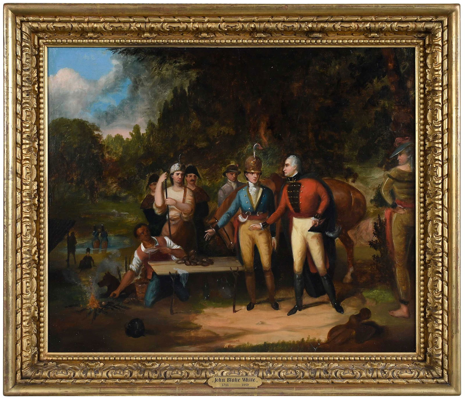 After John White: (South Carolina, 1781-1859) General Marion Inviting a British Officer to Share His Meal, unsigned, oil on canvas, 25 x 30 in.; 19th century gilt wood and composition frame, 32 x 37 in. Prov