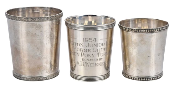 Two Kentucky Coin Silver Juleps and One Sterling Julep Horse Trophy