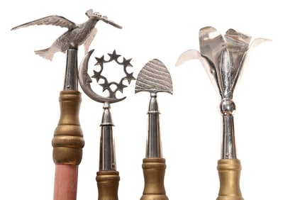 Four Carved and Painted Wood Ceremonial Masonic Staves with Metal Headpieces