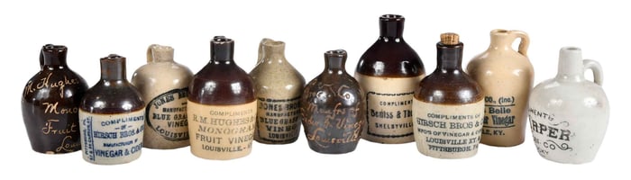 Ten Miniature Kentucky Stoneware Advertising Sample Jugs