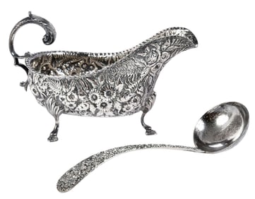 Kirk Repousse Silver Gravy Boat and Ladle