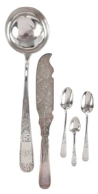 Five Pieces Baltimore and Charleston Coin Silver Flatware