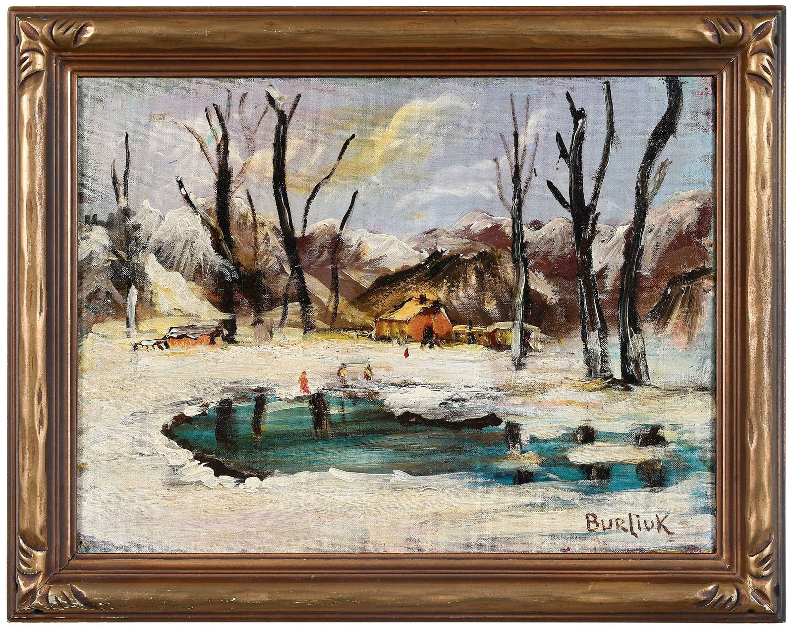 David Davidovich Burliuk: (New York/Ukrainian, 1882-1967) Snow Scene, signed lower right "Burliuk", oil on canvas board, 12 x 16 in.; Arts & Crafts style gilt wood frame, 15 x 19 x 1-1/4 in. Prov