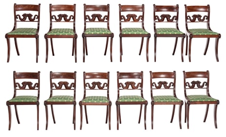 Fine Assembled Set of 12 Carved and Figured Mahogany Klismos Side Chairs