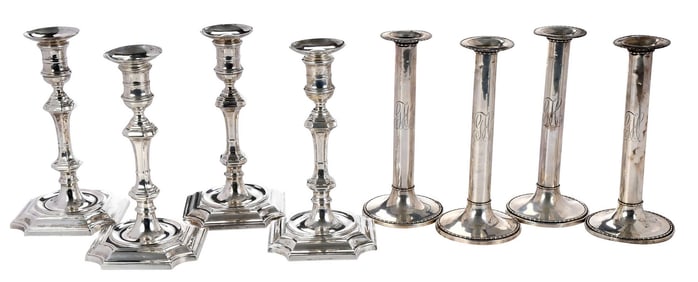 Two Sets of Four Sterling Candlesticks