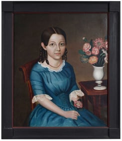 Folk Art Portrait of Girl in Blue Dress