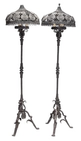 Pair of Vintage Black Painted Wrought Iron Floor Lamps