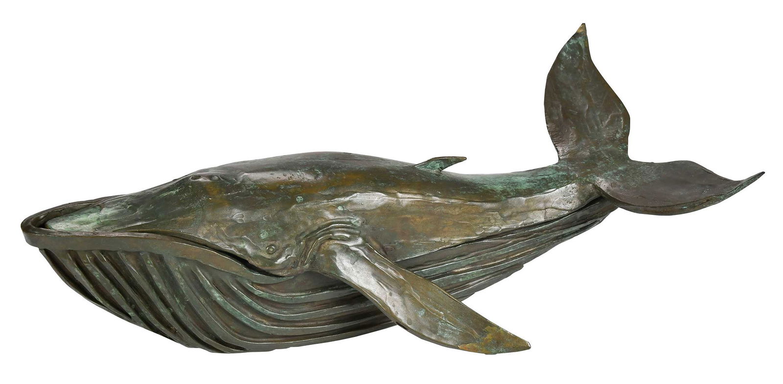 John Kearney Bronze Whale Sculpture: (American, 1924–2014) Jonah and the Whale signed "Kearney" along proper right side of body and "Finn" on tail underside, in two pieces, divided interior housing Jonah figure