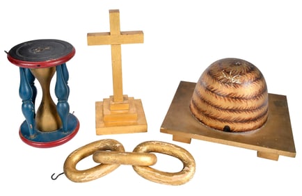 Four Kentucky Odd Fellows Folk Art Carved and Painted Wood Objects