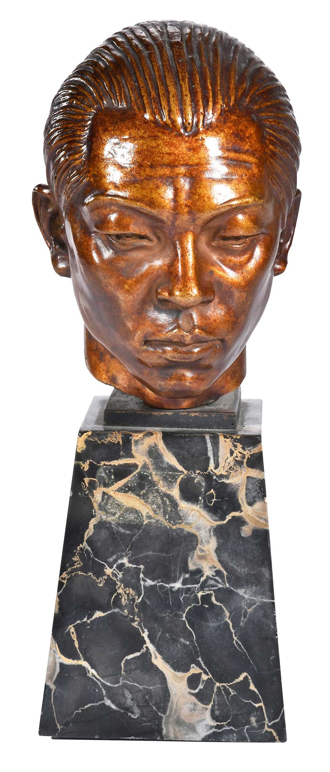 Malvina Cornell Hoffman, Bronze: (New York, 1887-1966) Untitled, head of an Asian man, 1931, No. 2, signed "Malvina Hoffman 1931", patinated bronze, bronze 5-3/4 x 4 x 4-1/2 in., marble stand 4-5/8 x 3-1/2 x 3-1/2 in. Prove