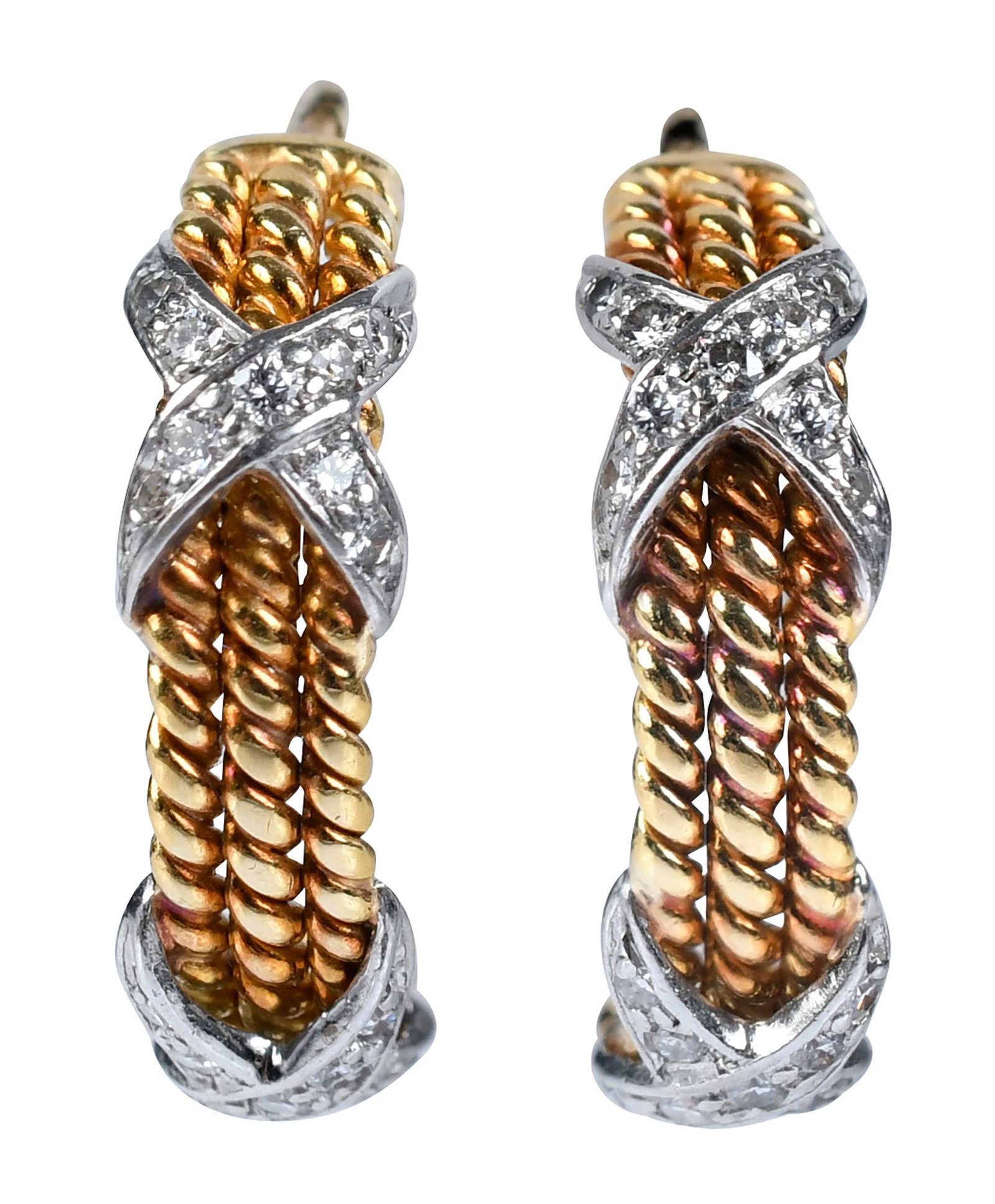 18kt. Tiffany & Co. Schlumberger "X" Diamond Earrings: cica 1960, "J" style hoops,36 round brilliant cut diamond "X" sections, three rows of high polish rope, marked "TIFFANY, Schlumberger, 18K", yellow and white gold, length approx. 19.0mm from post back