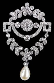 Vintage Belle Epoque Platinum Diamond and Cultured Drop Pearl Brooch
