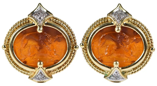 18kt. Molded Glass Intaglio and Diamond Clip on Earrings