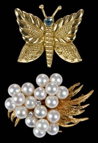Two 18kt. Brooches with Pearls, Diamonds and Blue Topaz
