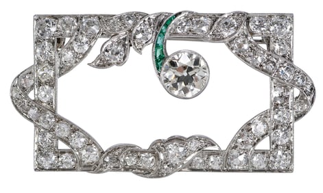 Vintage Platinum Diamond and Emerald Openwork Brooch