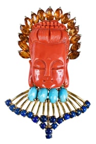 18kt. Carved Red Coral Buddha, Citrine, Lapis, and Turquoise Brooch/Pendant
