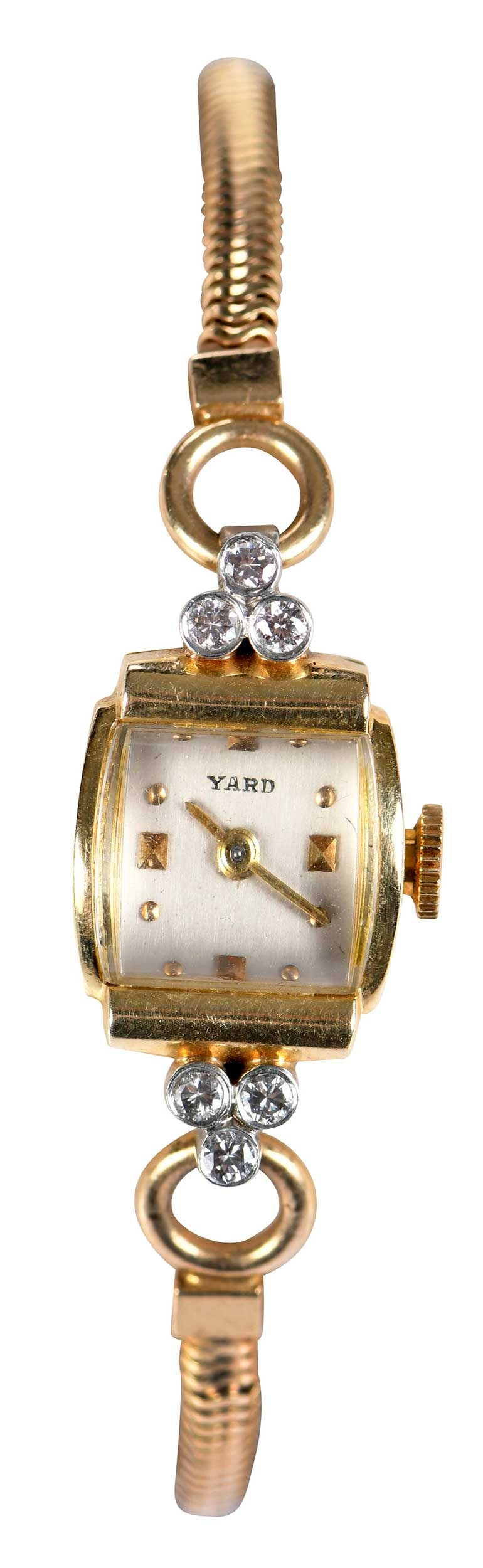 14kt. Raymond Yard Concord Diamond Gold Wrist Watch: square case, 15mm, six bezel set round brilliant cut diamonds, engraved initials "SBH", inside back case 6194, Concord Watch co., tests 14kt. yellow gold, 17 jewel movement, chain bracelet, tests 14kt