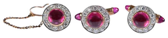 18kt. Diamond and Ruby Cabochon Cufflinks and Tie Tack