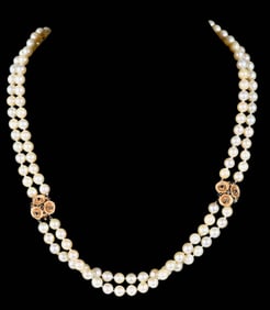 14kt. Double Strand Pearl Conversion Necklace/Bracelet, Blue Sapphire Clasp