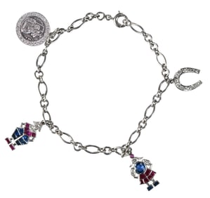 Platinum Art Deco Charm Bracelet, Diamond, Ruby, and Sapphire Charms