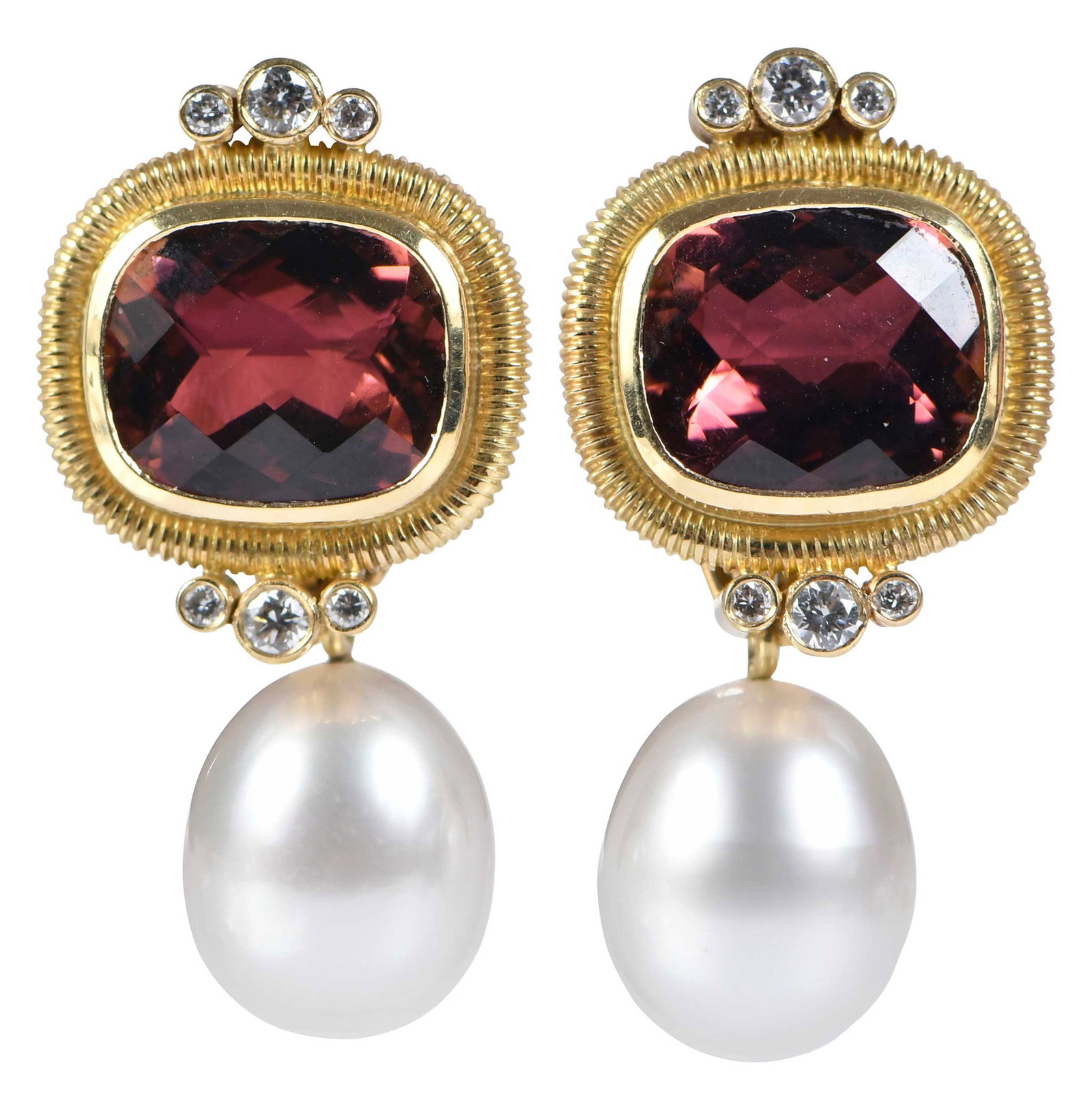 18kt. Tourmaline and Diamond Earrings with Pearl Drops: two checkerboard cushion cut purplish red tourmalines, approx. 8.00ctw., 12 round brilliant cut diamonds, approx. 0.30ctw., detachable oval pearls, approx. 12.5 x 11.0mm, stamped "SDG", tests 18kt. ye