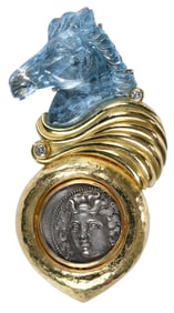 18kt. Carved Aquamarine and Silver Greek Coin Brooch