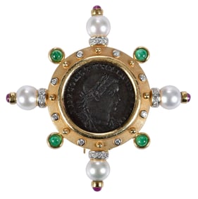 18kt. Ancient Coin, Pearl, Diamond, Ruby, and Emerald Brooch