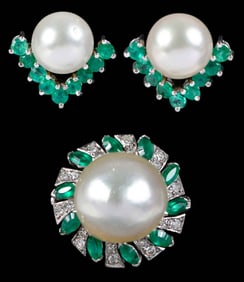 14kt. Pearl, Emerald, Diamond Ring and Earrings
