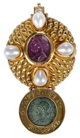 18kt. Elizabeth Gage Ancient Coin, Pearl, Diamond, and Molded Glass Brooch