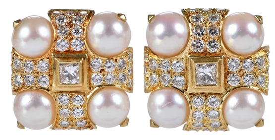 18kt. Diamond and Cultured Pearl Earrings