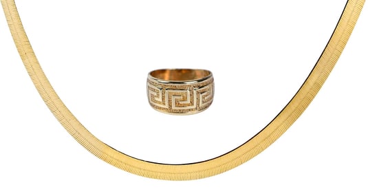 14kt. Italian Herringbone Chain and Greek Key Ring