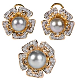 14kt. Tahitian Pearl, Diamond Earrings and Ring Set