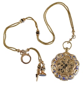18kt. Scallop Form Pocket Watch, Chain, and Fobs