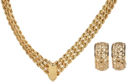 14kt. Fancy Link Necklace and Diamond Cut Hoops