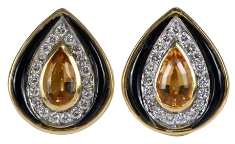 18kt. Citrine, Diamond, and Black Onyx Earrings