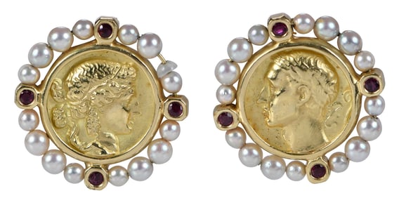 18kt. Coin Style Earrings Framed by Rubies and Cultured Pearls
