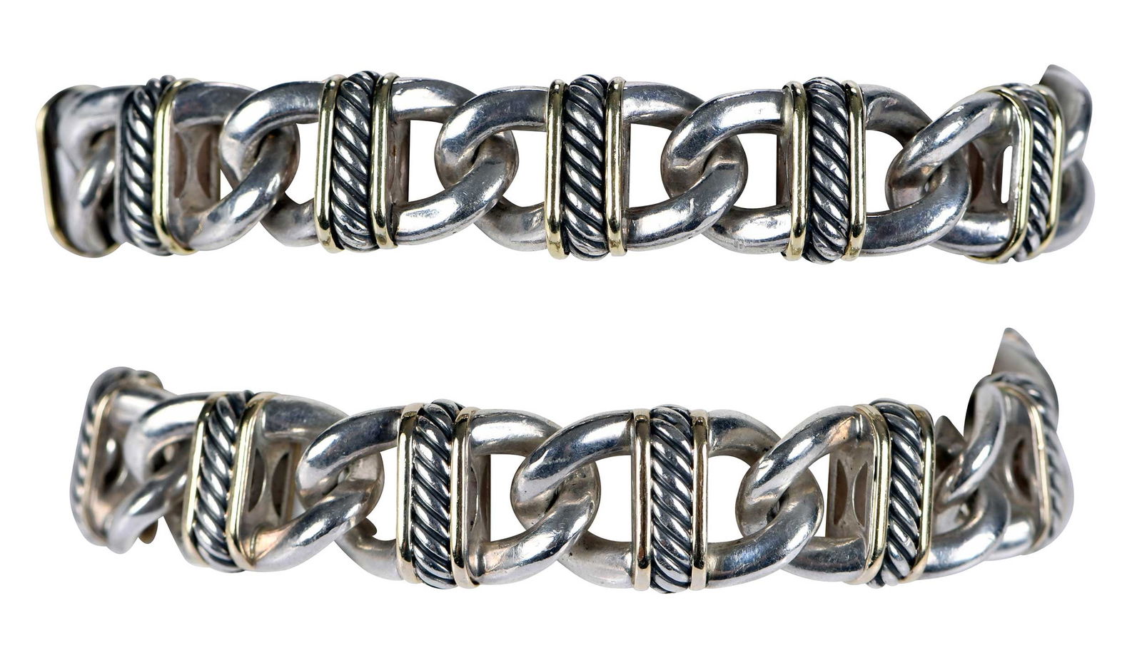 Two 18kt. and Sterling Silver David Yurman Link Bracelets: heavy oval curb like links, rope bar links, stamped "925, 750", sterling and yellow gold, signed 'D.Yurman", both 8 in. length, 14.0mm wide, total weight 132.1 g Provenance: Property from an Important
