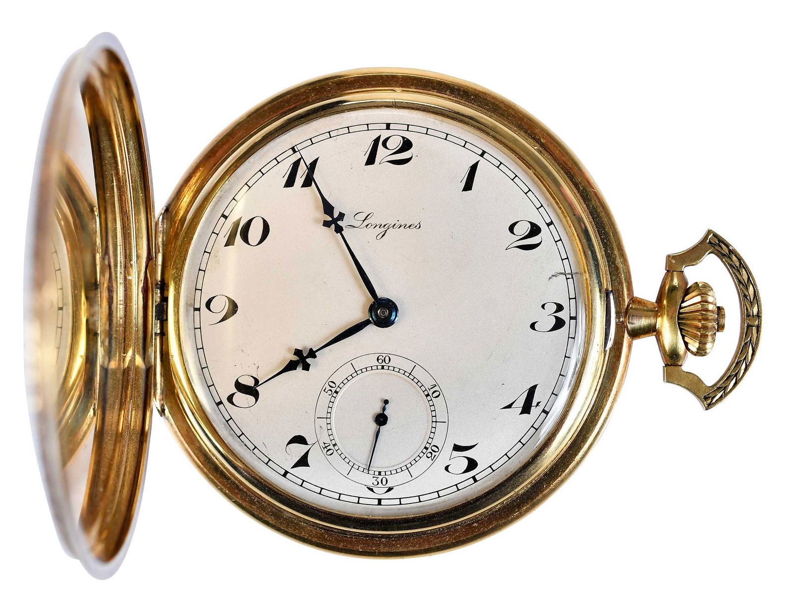 18kt. Longines Hunting Case Pocket Watch: circa 1928, checkerboard design, case 4523736, marked "0750, 18K, LONGINES", white gold and yellow gold, inscribed LONGINES, 9 Grands Prix, movement 4523736, 50mm, stem wind, 77.9 g; accompanied by tw