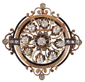 18kt. Antique Open Work Diamond and Enamel Brooch