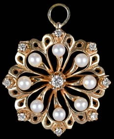 14kt. Pearl Diamond Flower Motif Brooch/Pendant