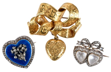Collection of Three Antique Heart Brooches with Diamonds and Gemstones