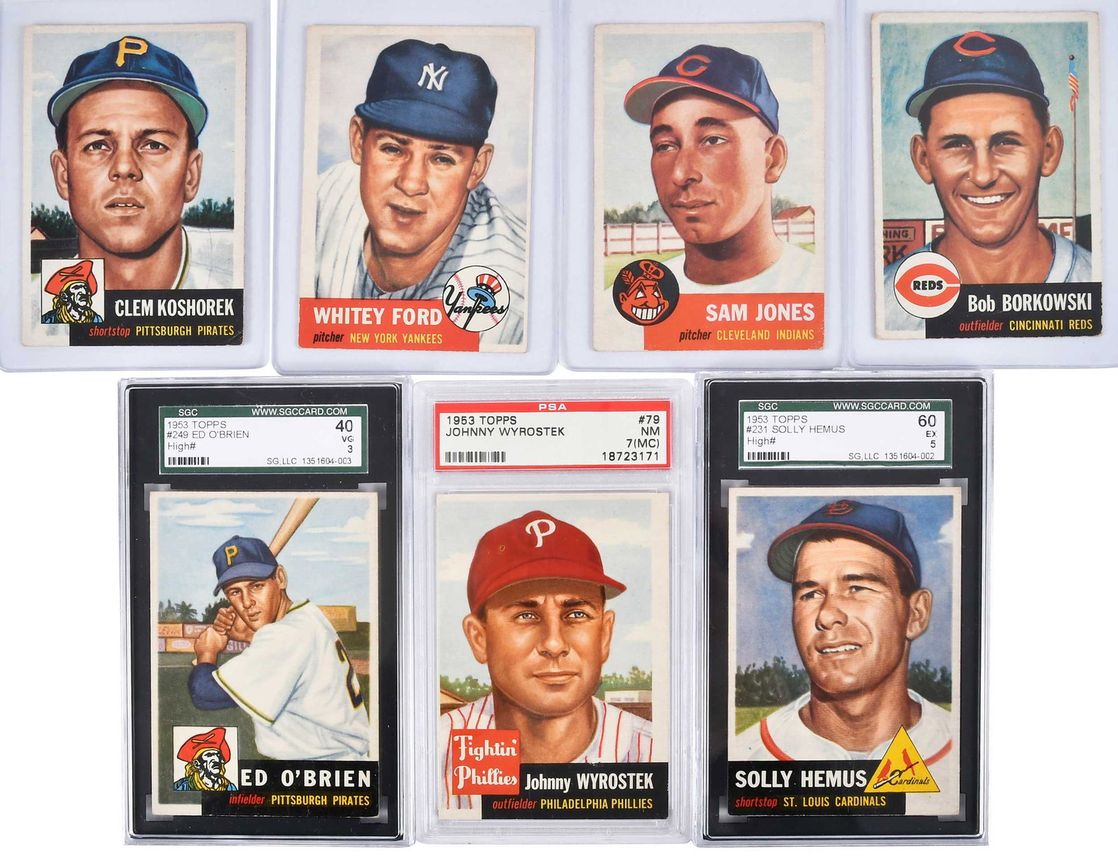 Nice Starter Set of 1953 Topps Baseball, 120 Cards: 9 graded: Bubba Church, Faye Throneberry, Johnny Wyrostek, Andy Seminick, Vern Benson, Jack Dittmer, Johnny Lindell, Solly Hemus, Ed O'Brien; 111 ungraded: Sam Jones, Bob Borkowski, Clem Koshorek, Cle