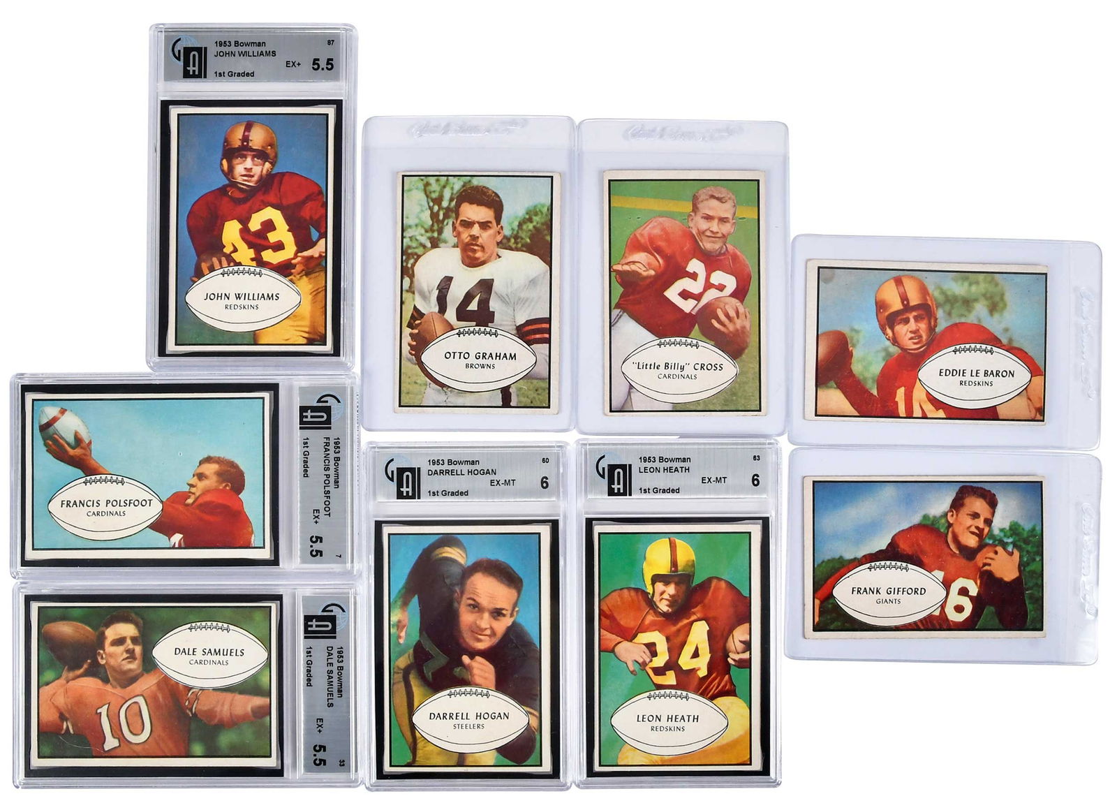 1953 Bowman Football Group, Ten Cards: 5 graded: Francis Polsfoot, Dale Samuels, Darrell Hogan, Leon Heath, John Williams; 5 ungraded: Eddie LeBaron, Otto Graham, Frank Gifford, "Little" Billy Cross, Norm Van Brocklin Provenance: Private C