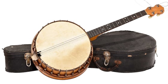 Four String Birdseye Maple Tenor Banjo, with Case and Sheet Music