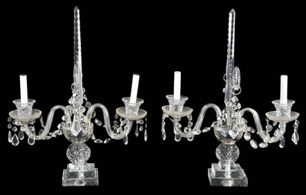 Pair of Electrified Cut Crystal Two Light Table Lamps with Prisms
